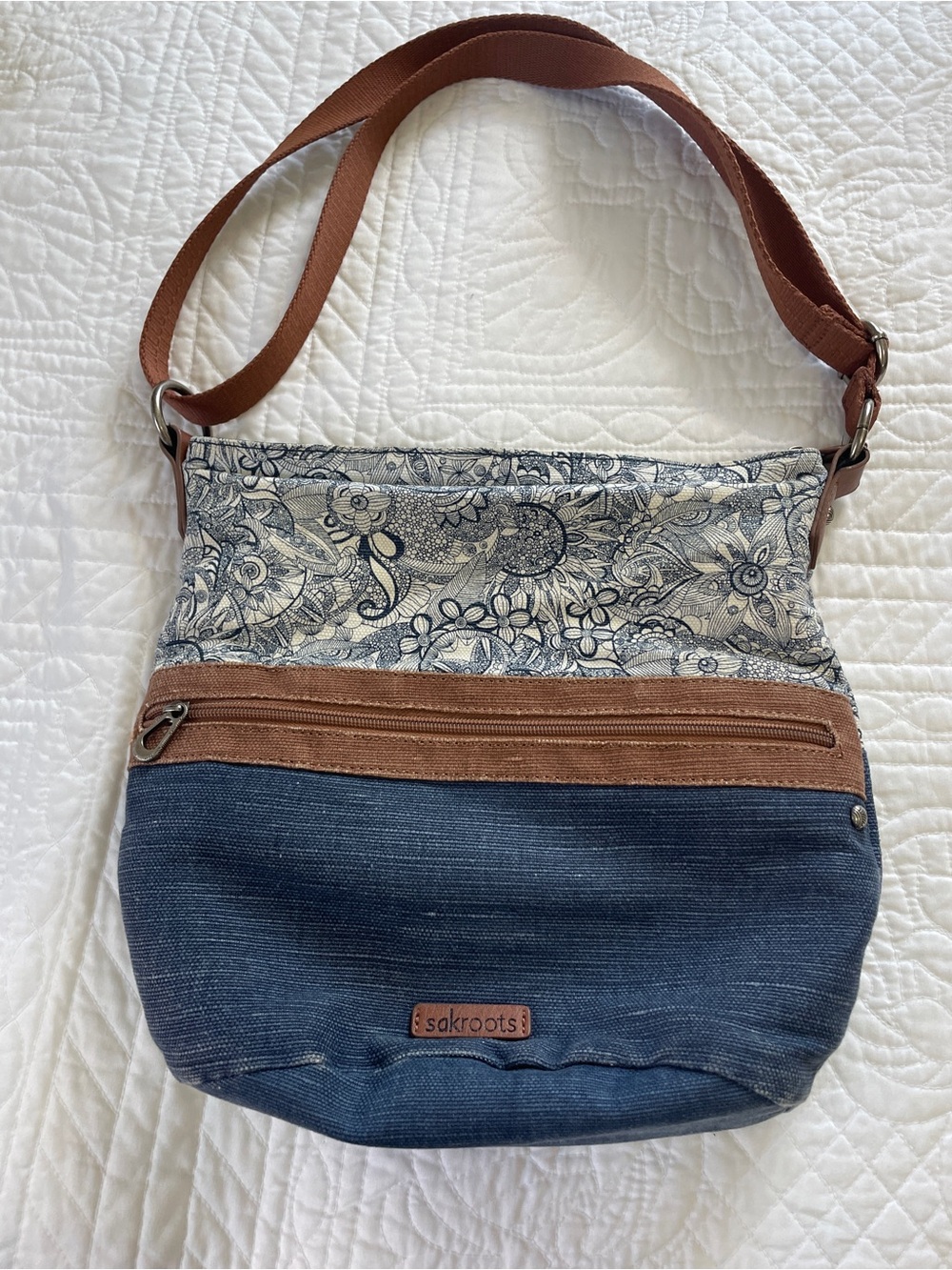 Sakroots Navy Blue Floral Canvas Crossbody with Brown Trim Denim Style